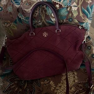 Tory Burch Deep Burgundy Suede Quilted Shoulder Bag